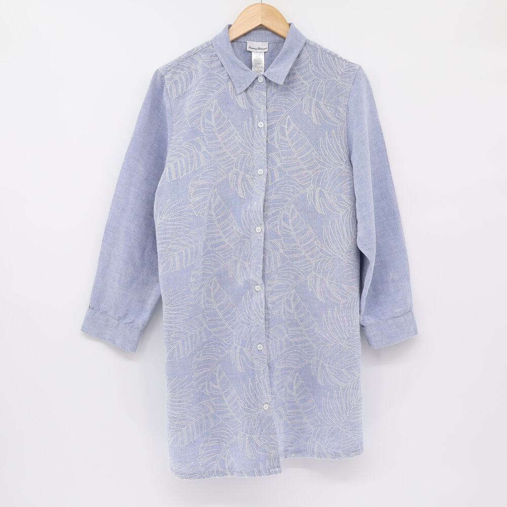 Tommy Bahama Women's Linen Blend Shirt Dress Embroidered Floral Blue/White Sz L - Picture 1 of 6